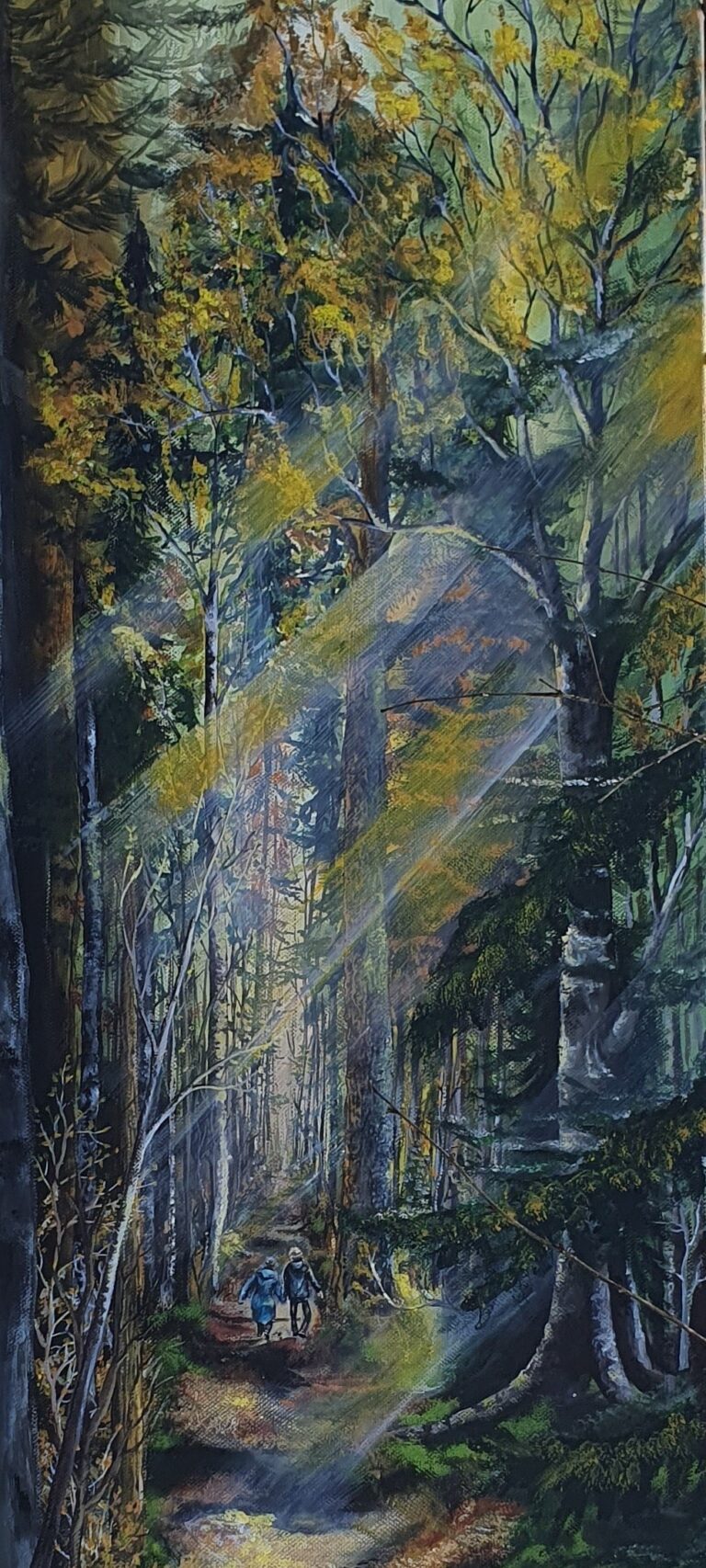 Painting of a forest path in sunlight